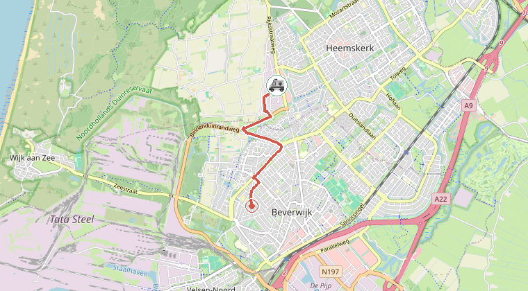 Kaart van de omgeving van de melding, met de kazerne die is gealarmeerd