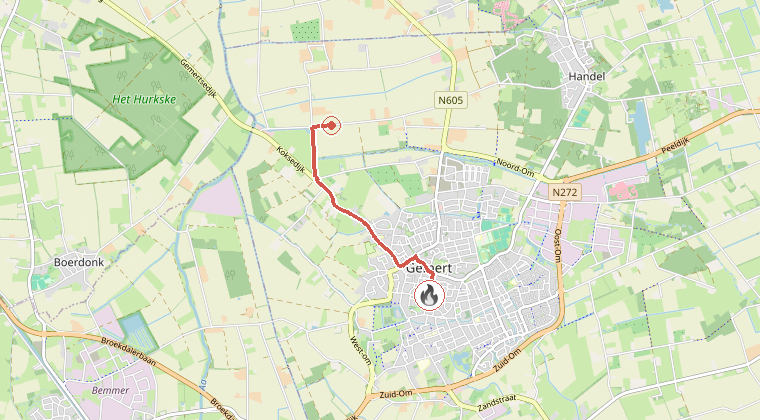 Kaart van de omgeving van de melding, met de kazerne die is gealarmeerd