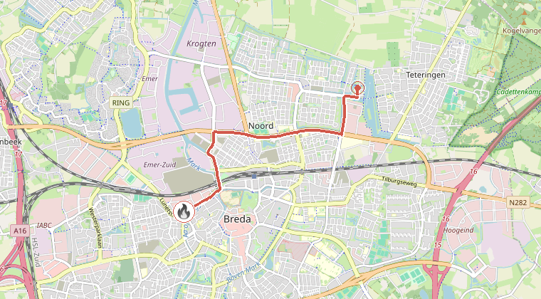 Kaart van de omgeving van de melding, met de kazerne die is gealarmeerd