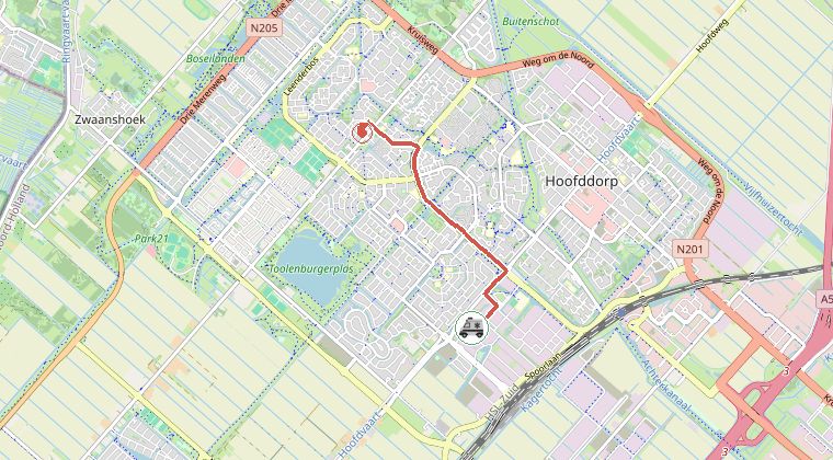 Kaart van de omgeving van de melding, met de kazerne die is gealarmeerd