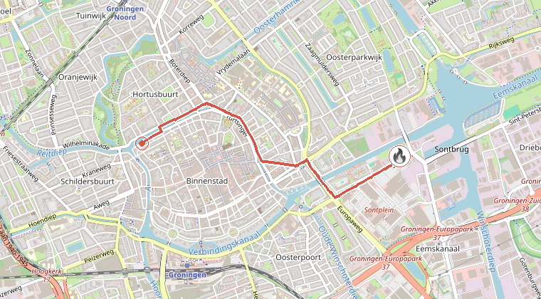 Kaart van de omgeving van de melding, met de kazerne die is gealarmeerd
