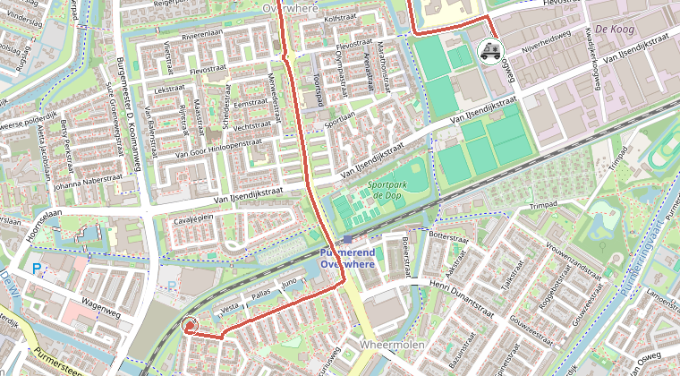 Kaart van de omgeving van de melding, met de kazerne die is gealarmeerd