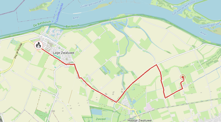 Kaart van de omgeving van de melding, met de kazerne die is gealarmeerd