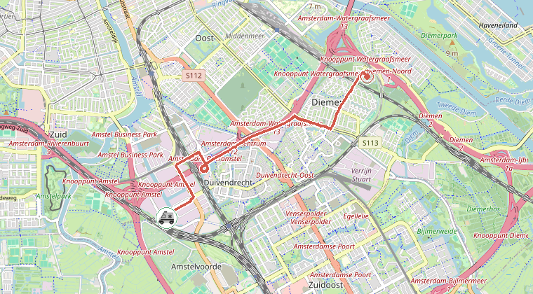 Kaart van de omgeving van de melding, met de kazerne die is gealarmeerd