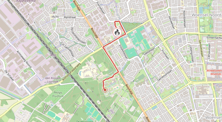 Kaart van de omgeving van de melding, met de kazerne die is gealarmeerd