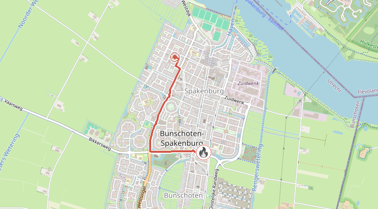 Kaart van de omgeving van de melding, met de kazerne die is gealarmeerd