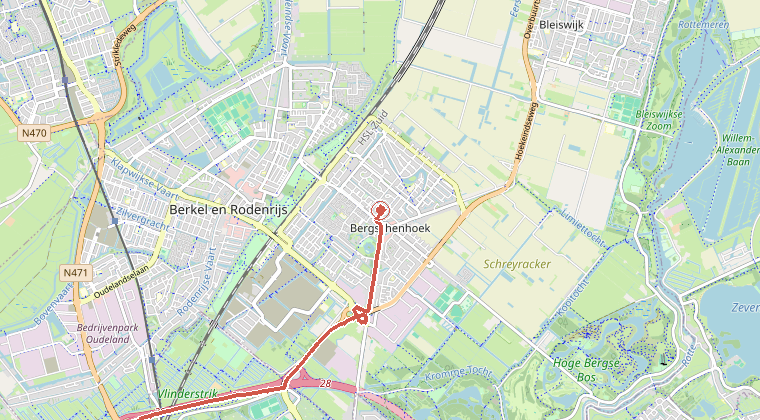 Kaart van de omgeving van de melding, met de kazerne die is gealarmeerd