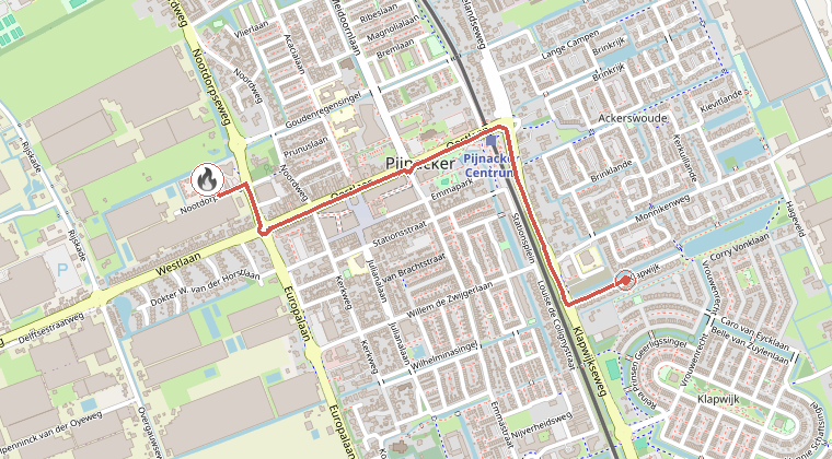 Kaart van de omgeving van de melding, met de kazerne die is gealarmeerd