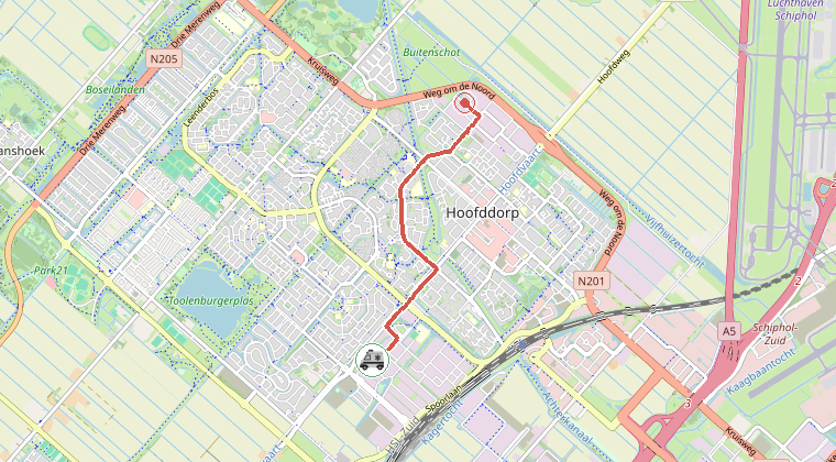 Kaart van de omgeving van de melding, met de kazerne die is gealarmeerd