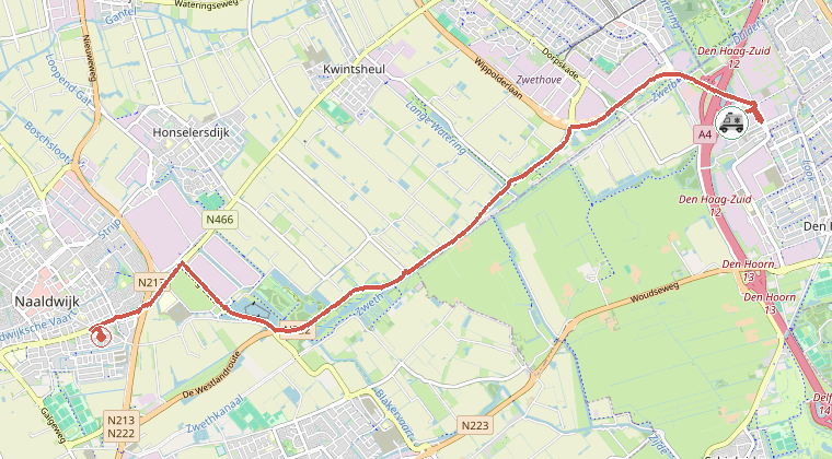 Kaart van de omgeving van de melding, met de kazerne die is gealarmeerd