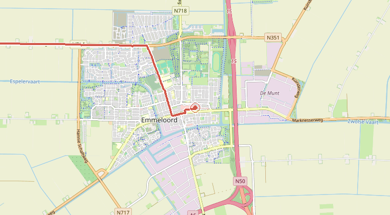 Kaart van de omgeving van de melding, met de kazerne die is gealarmeerd