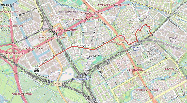 Kaart van de omgeving van de melding, met de kazerne die is gealarmeerd