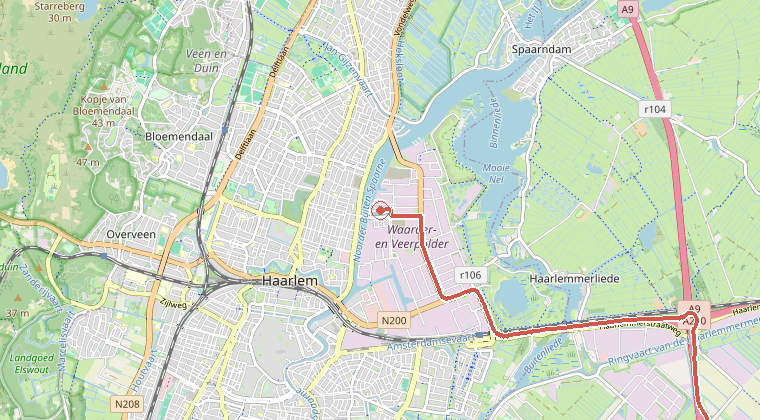 Kaart van de omgeving van de melding, met de kazerne die is gealarmeerd