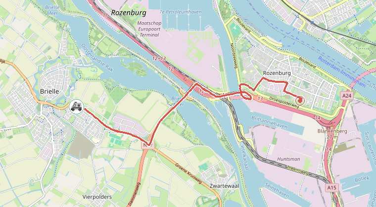 Kaart van de omgeving van de melding, met de kazerne die is gealarmeerd