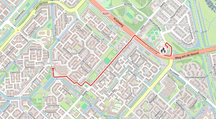 Kaart van de omgeving van de melding, met de kazerne die is gealarmeerd