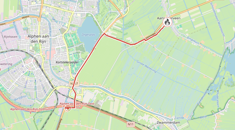 Kaart van de omgeving van de melding, met de kazerne die is gealarmeerd