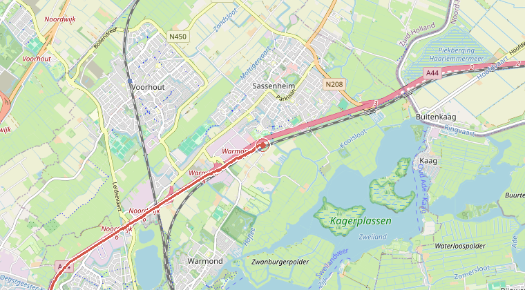 Kaart van de omgeving van de melding, met de kazerne die is gealarmeerd