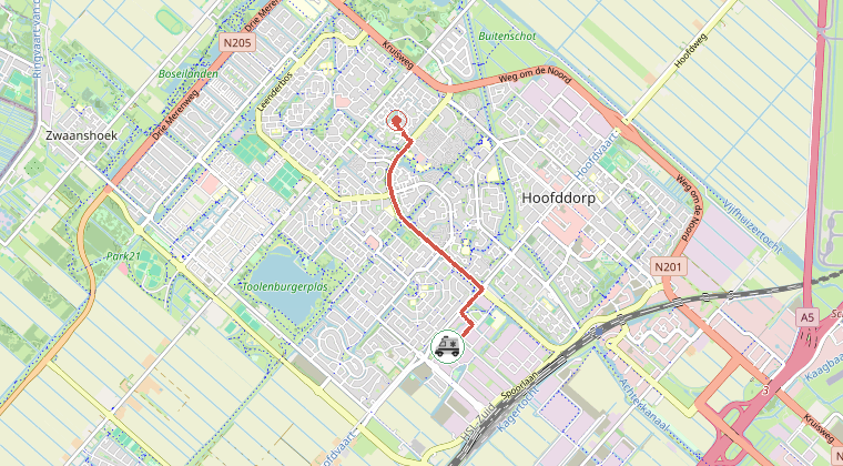 Kaart van de omgeving van de melding, met de kazerne die is gealarmeerd