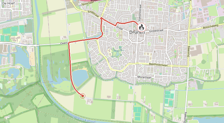 Kaart van de omgeving van de melding, met de kazerne die is gealarmeerd