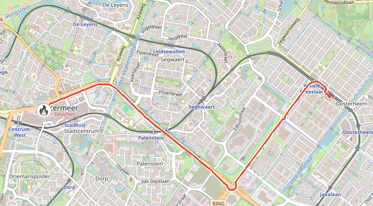 Kaart van de omgeving van de melding, met de kazerne die is gealarmeerd