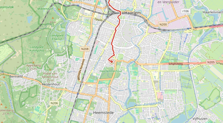 Kaart van de omgeving van de melding, met de kazerne die is gealarmeerd