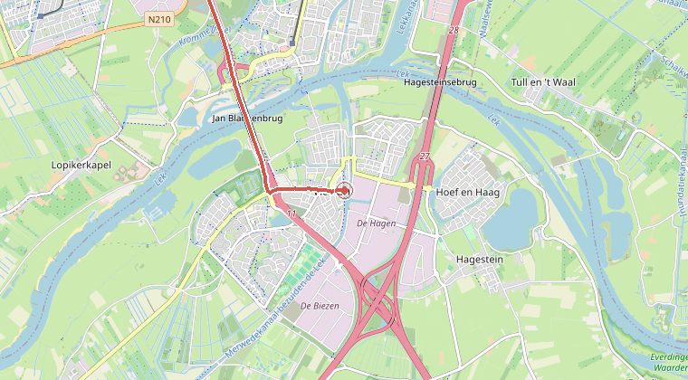 Kaart van de omgeving van de melding, met de kazerne die is gealarmeerd