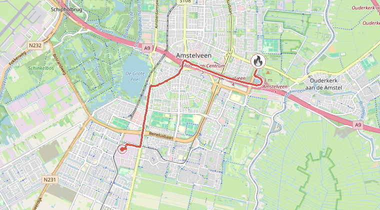 Kaart van de omgeving van de melding, met de kazerne die is gealarmeerd