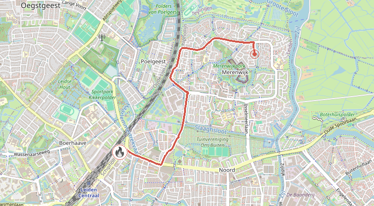 Kaart van de omgeving van de melding, met de kazerne die is gealarmeerd