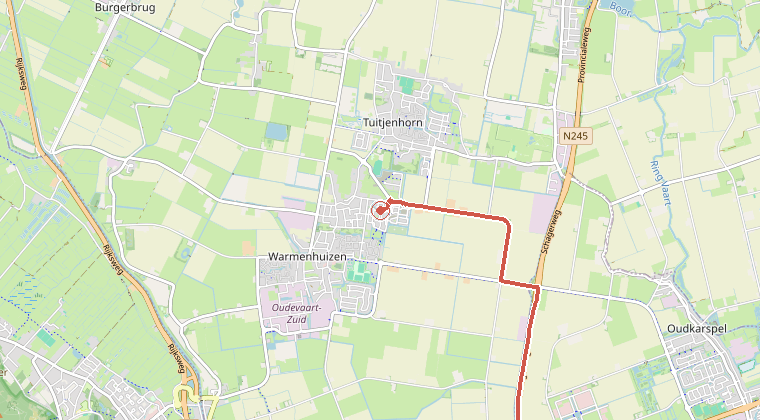 Kaart van de omgeving van de melding, met de kazerne die is gealarmeerd
