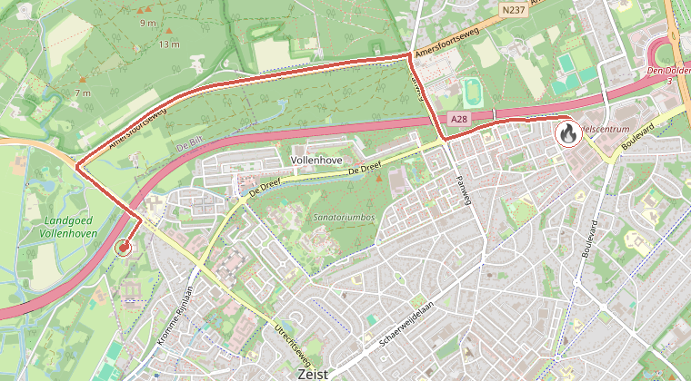 Kaart van de omgeving van de melding, met de kazerne die is gealarmeerd