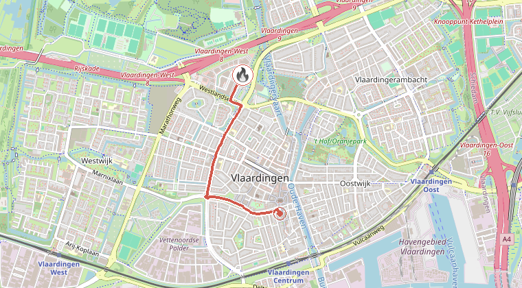 Kaart van de omgeving van de melding, met de kazerne die is gealarmeerd