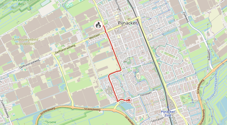 Kaart van de omgeving van de melding, met de kazerne die is gealarmeerd