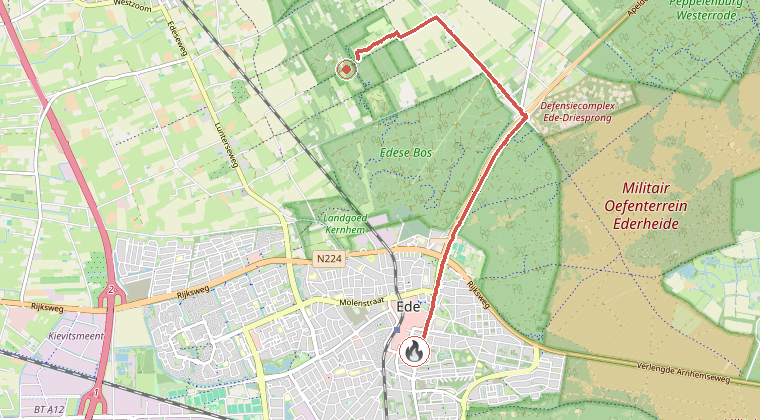 Kaart van de omgeving van de melding, met de kazerne die is gealarmeerd