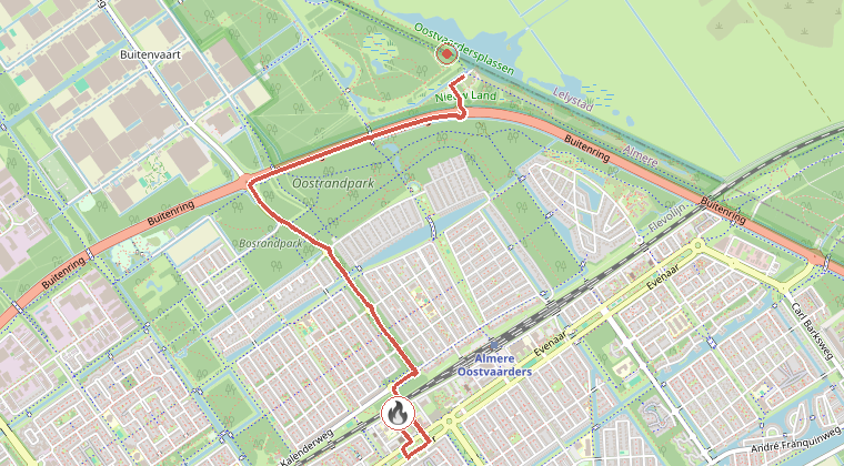 Kaart van de omgeving van de melding, met de kazerne die is gealarmeerd