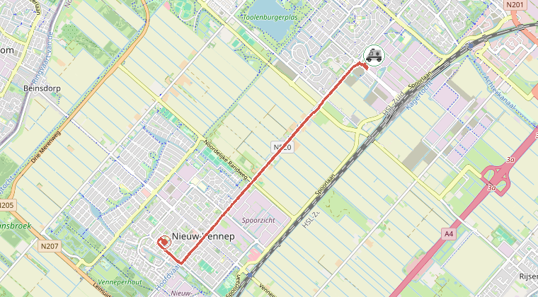 Kaart van de omgeving van de melding, met de kazerne die is gealarmeerd