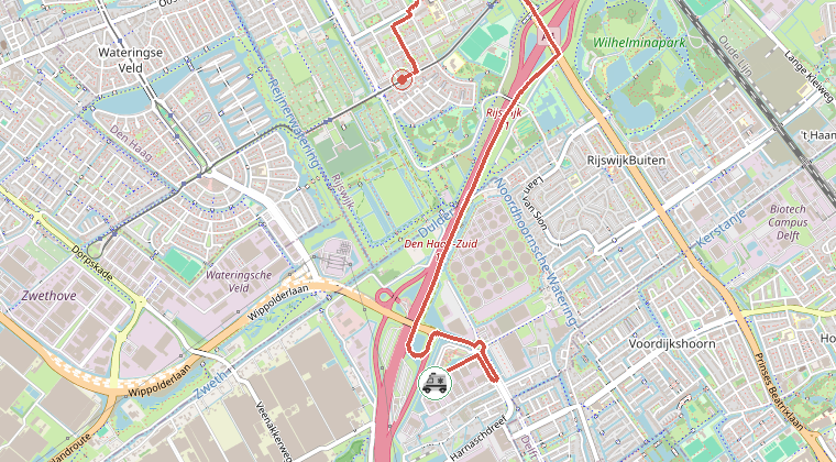 Kaart van de omgeving van de melding, met de kazerne die is gealarmeerd