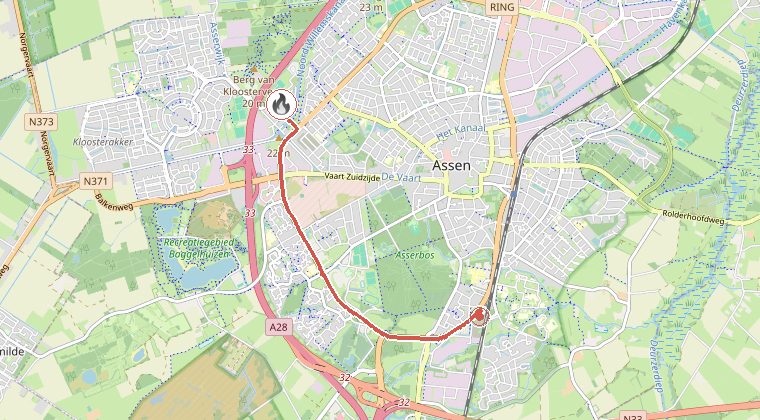 Kaart van de omgeving van de melding, met de kazerne die is gealarmeerd