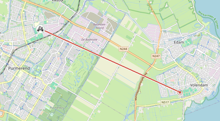 Kaart van de omgeving van de melding, met de kazerne die is gealarmeerd
