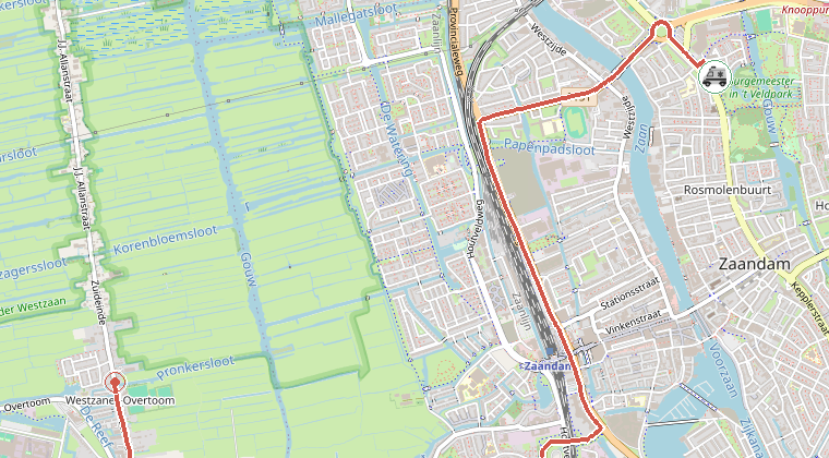 Kaart van de omgeving van de melding, met de kazerne die is gealarmeerd
