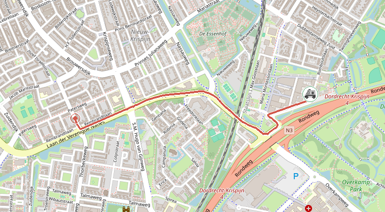 Kaart van de omgeving van de melding, met de kazerne die is gealarmeerd