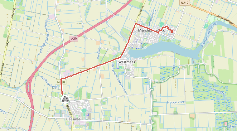 Kaart van de omgeving van de melding, met de kazerne die is gealarmeerd