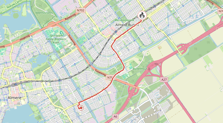 Kaart van de omgeving van de melding, met de kazerne die is gealarmeerd