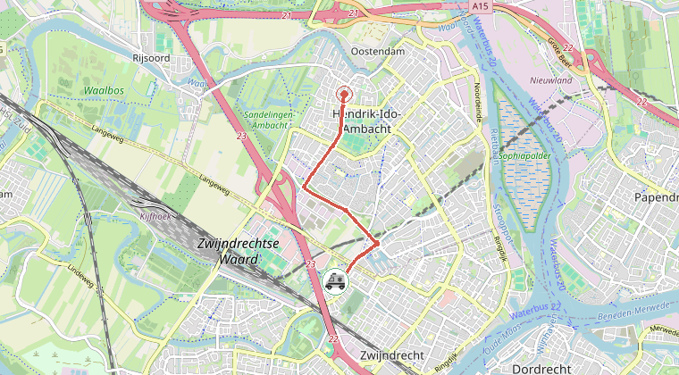 Kaart van de omgeving van de melding, met de kazerne die is gealarmeerd