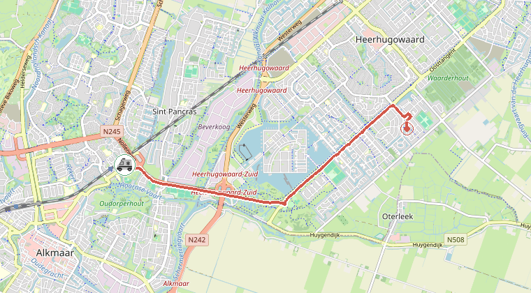 Kaart van de omgeving van de melding, met de kazerne die is gealarmeerd