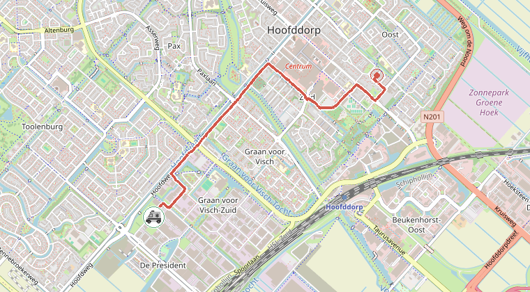 Kaart van de omgeving van de melding, met de kazerne die is gealarmeerd