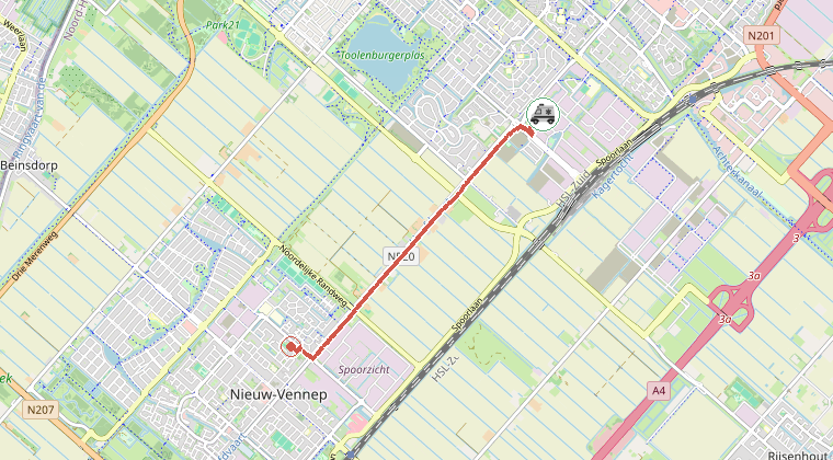 Kaart van de omgeving van de melding, met de kazerne die is gealarmeerd