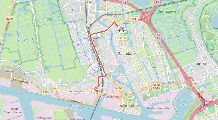 Kaart van de omgeving van de melding, met de kazerne die is gealarmeerd