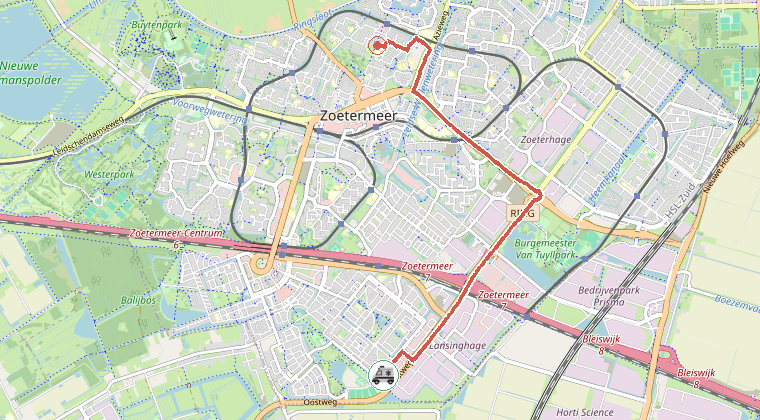 Kaart van de omgeving van de melding, met de kazerne die is gealarmeerd