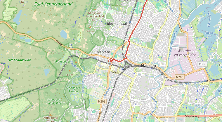 Kaart van de omgeving van de melding, met de kazerne die is gealarmeerd