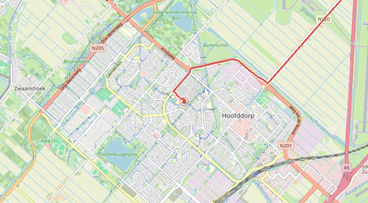 Kaart van de omgeving van de melding, met de kazerne die is gealarmeerd